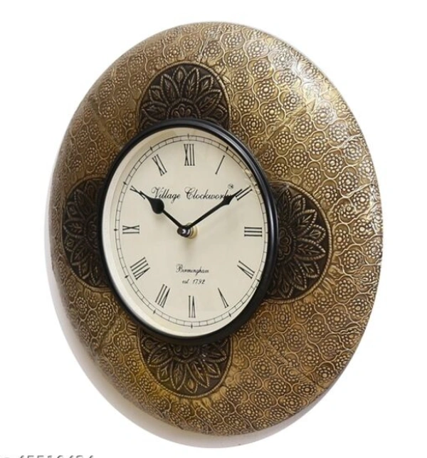 Beautiful  Wooden Rajasthani Art Work Wall Clock  -  Golden/ Black, Wooden, Acrylic/ Decorative Clock, Pack of 1,  Round